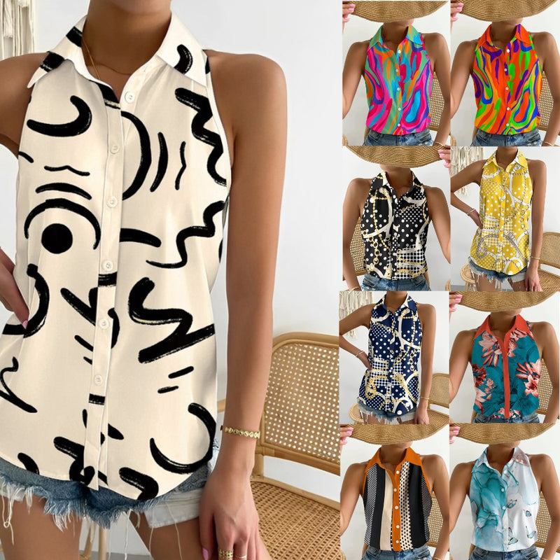 Stylish Strapless Sleeveless Abstract Print Single Breasted Shirt Wholesale Womens Tops