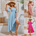 Solid Color Hi Lo Hem Off-Shoulder Maxi Dresses Wholesale Womens Clothing N3824050700064