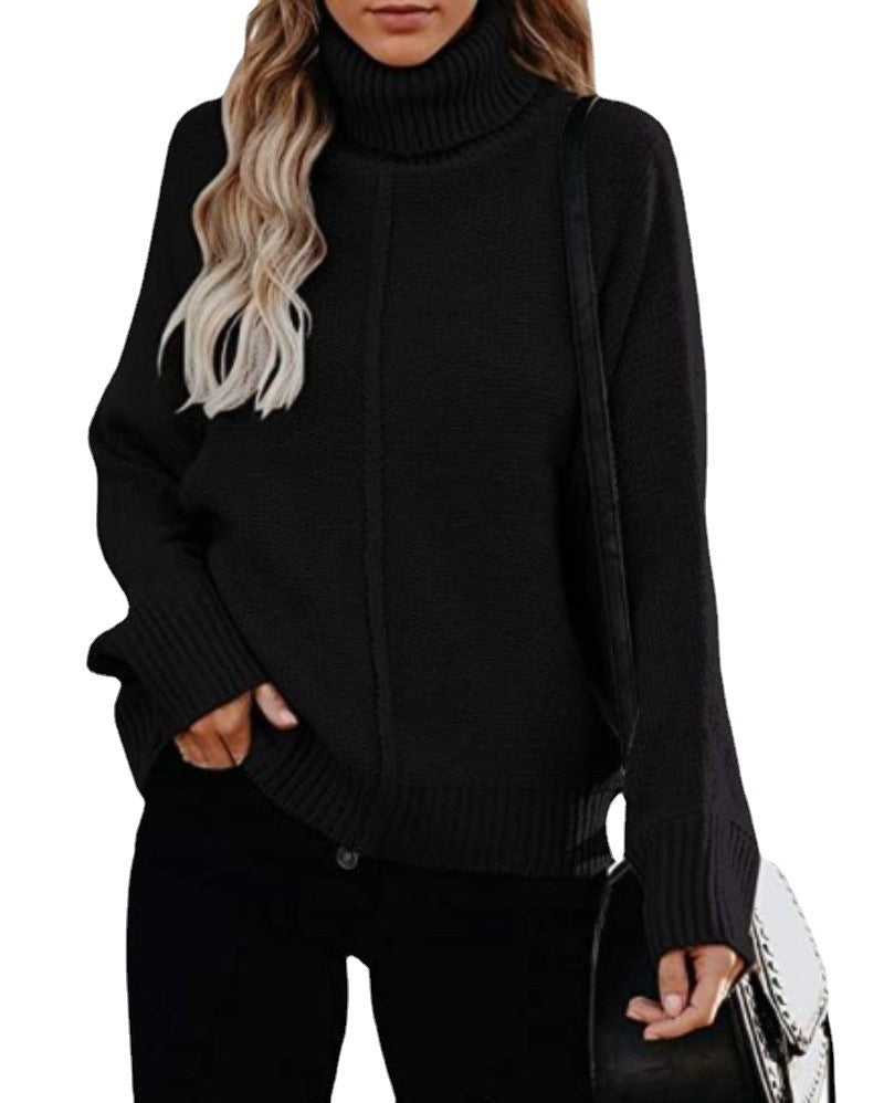 High Neck Solid Color Loose Knit Sweater Wholesale Womens Tops