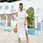 Seaside Vacation Hollow Lace Shirt Collar Bikini Sun Protection Long Dress Wholesale Womens Clothing