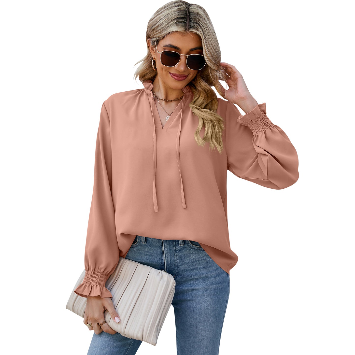 Loose Soft Long Sleeve V-Neck Tie Chiffon Shirt Wholesale Womens Tops