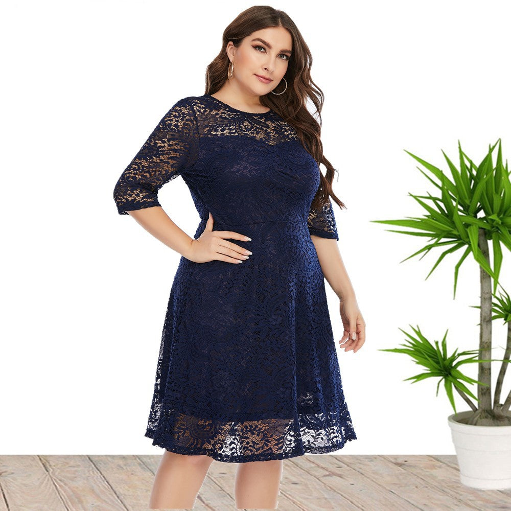 Plus Size Round Neck Lace Midi Gown Dresses Wholesale Womens Clothing N3824080300049