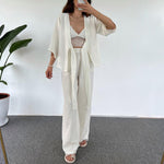 Casual Loose Plain Tie Three-Quarter Sleeve Cardigan Trousers Two-Piece Set Wholesale Womens Clothing