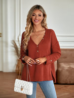 Solid Colour V-Neck Loose Long Sleeve Knitted Sweater Wholesale Womens Tops