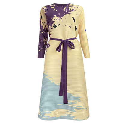 Fashion Printed Round Neck Long Sleeve Pleated Dress Wholesale Dresses