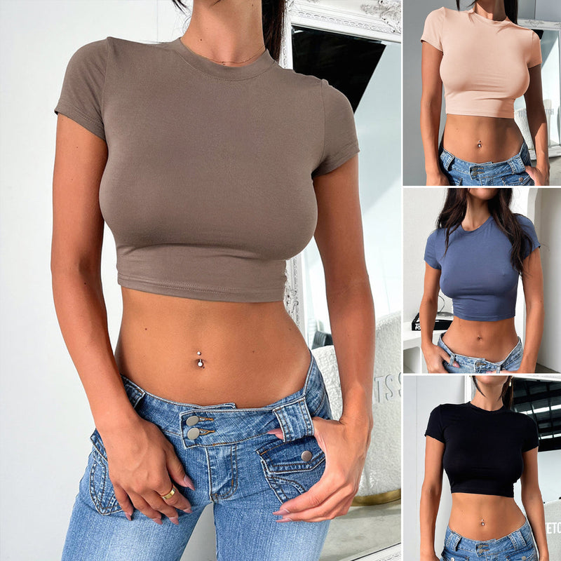 Sexy Solid Color Slim Fit Short-Sleeved Cropped Tops Wholesale Womens Clothing N3824040100102