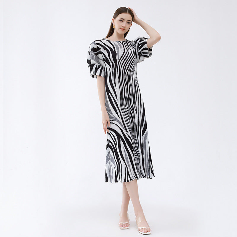 Fresh Zebra Print Pleated Loose Lantern Sleeve Dress Wholesale Dresses N5923082300007