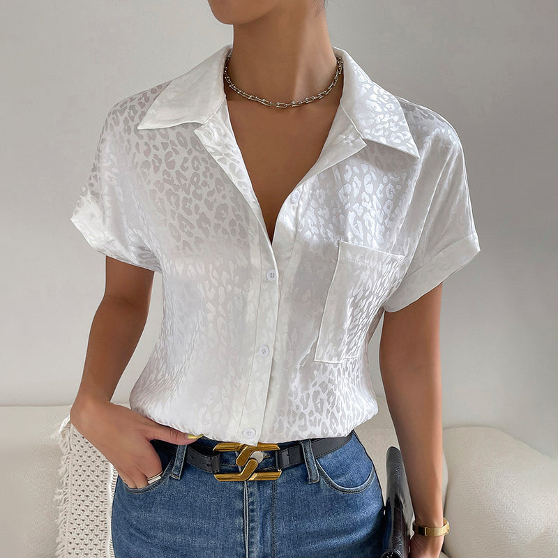 Elegant Zebra Print Short-Sleeved Single-Breasted Lapel Shirt Wholesale Womens Tops