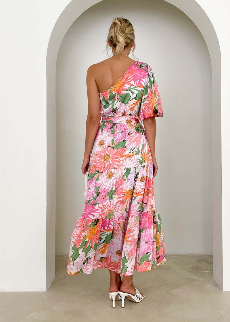 Elegant Short-Sleeved Floral Print Long Large Hem Dress Wholesale Dresses