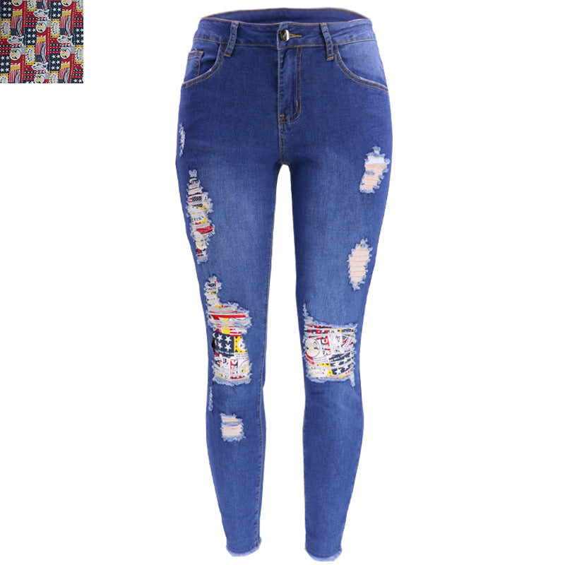 High Waisted Stretchy Painted Denim Pencil Calf Pants Wholesale Womens Clothing