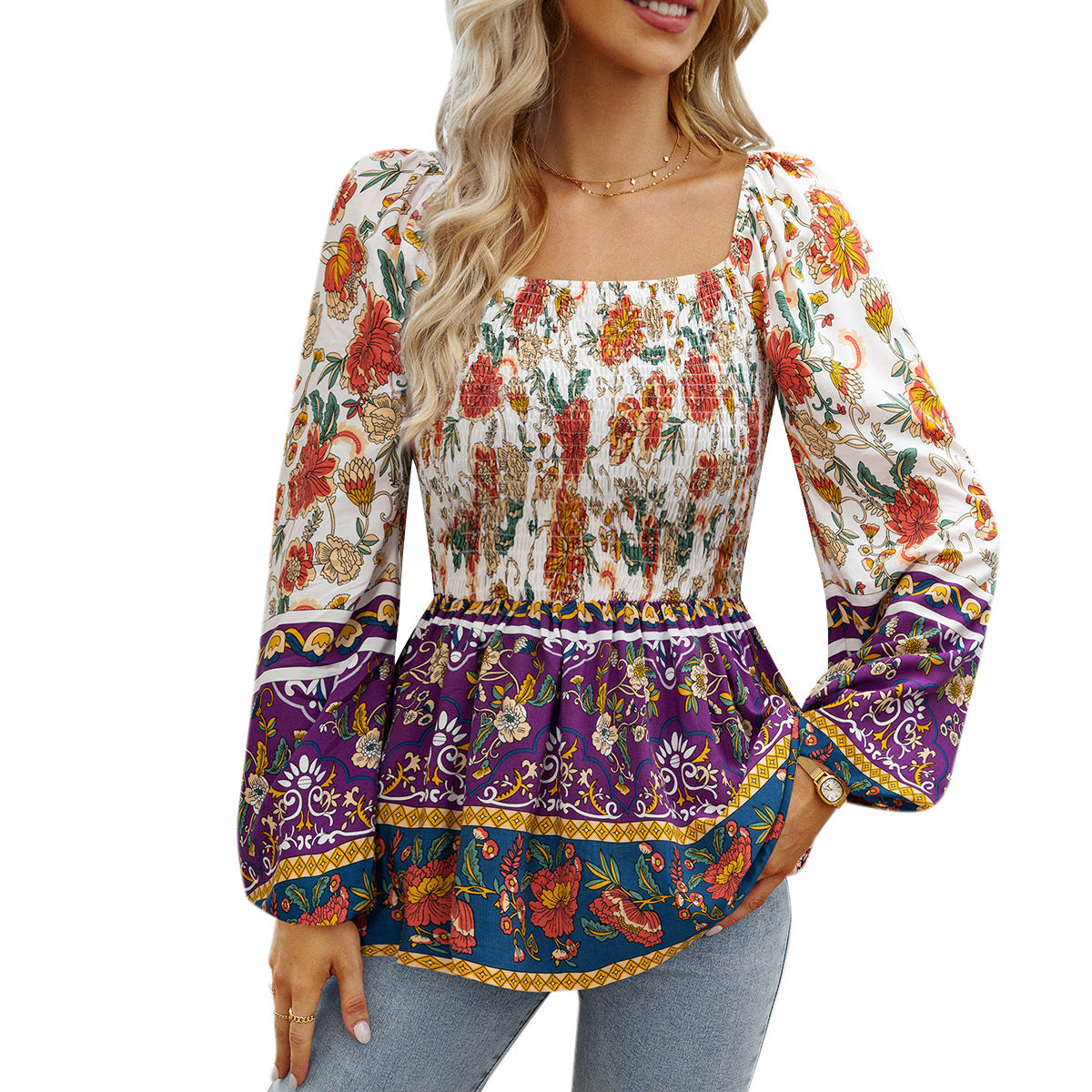 Square Neck Bubble Sleeve Floral Printed Top Wholesale Womens Tops