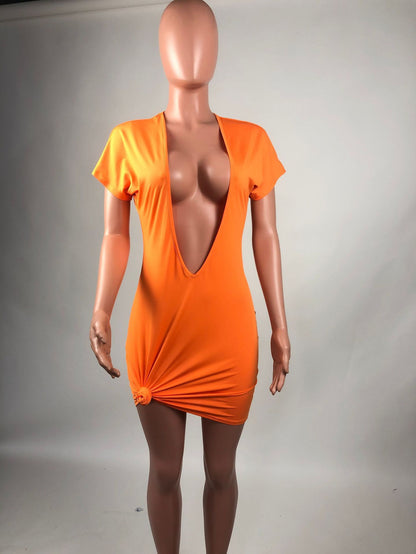 Deep V Sexy Short Sleeve Solid Color Wrap Dresses Wholesale Dresses