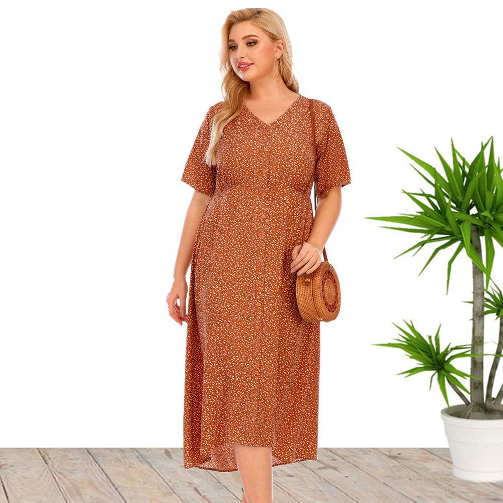 Plus Size Short Sleeve Printed Button Pocket Dresses Wholesale Womens Clothing N3824080300043