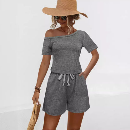 Short Sleeve Pocket Lace Up Slash Strapless Rompers & Jumpsuit Wholesale Womens Clothing N3824050700103