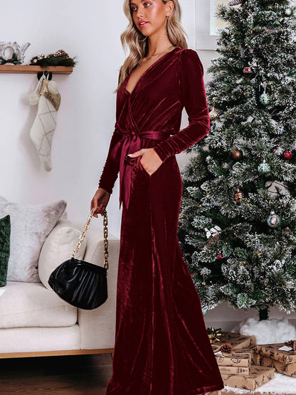 Solid Velvet Long Sleeve Jumpsuit V Neck Elegant Straight Trousers Wholesale Womens Clothing N3824091200193