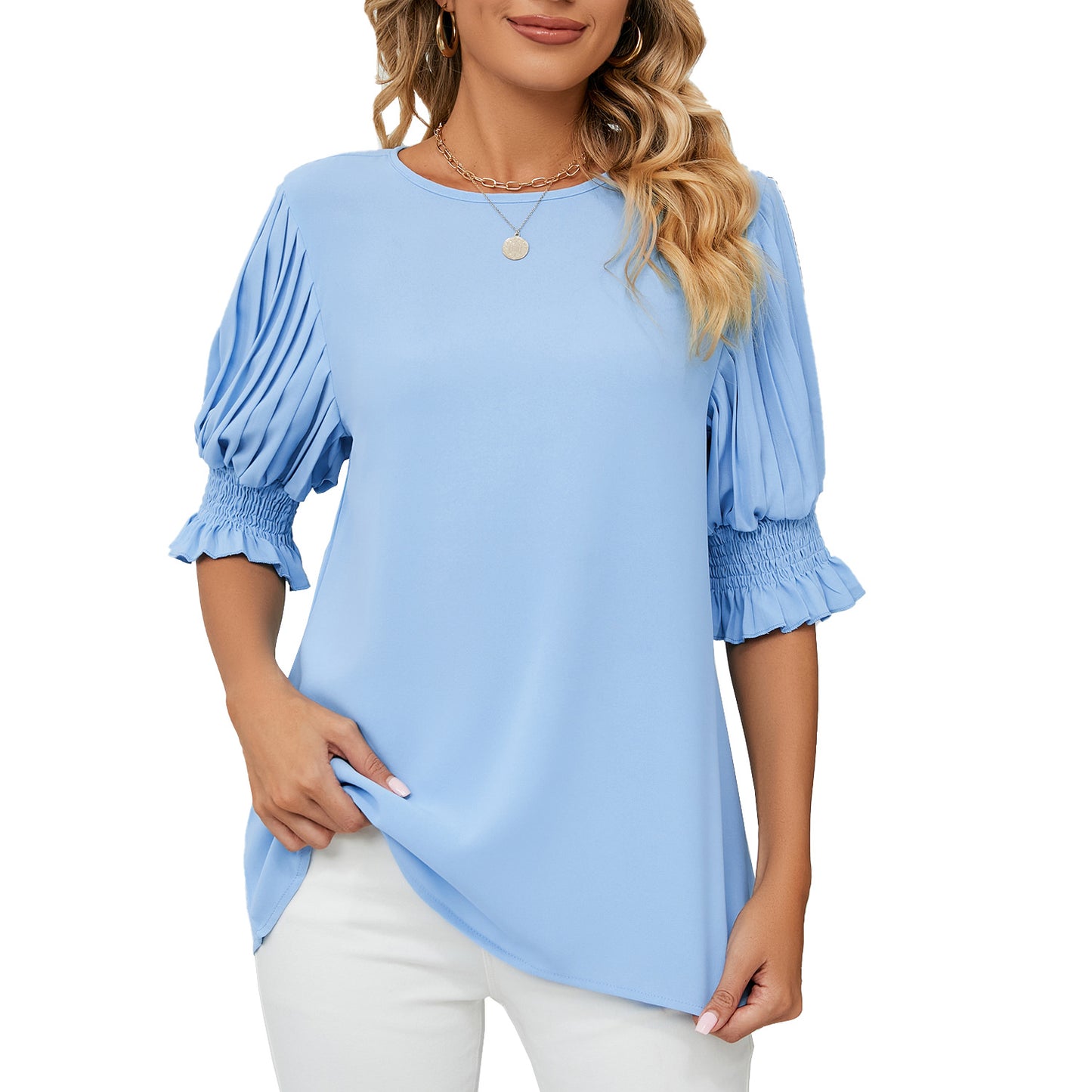 Solid Color Round Neck Ruffle Princess Sleeve Loose Chiffon Tops Wholesale Womens Clothing N3824082900036