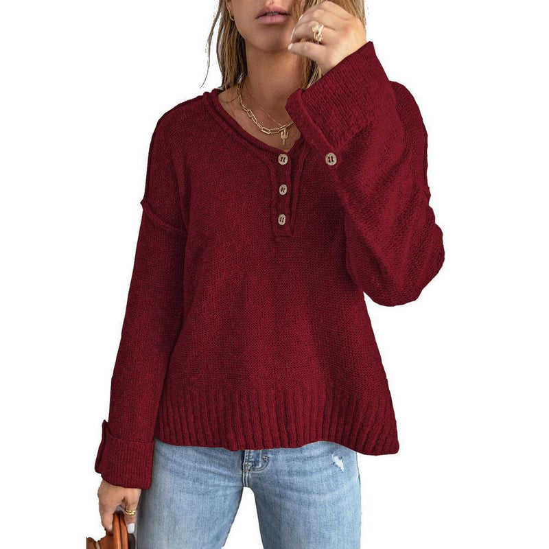 Loose Long Sleeve Buttoned Pullover Knit Sweater Wholesale Womens Tops