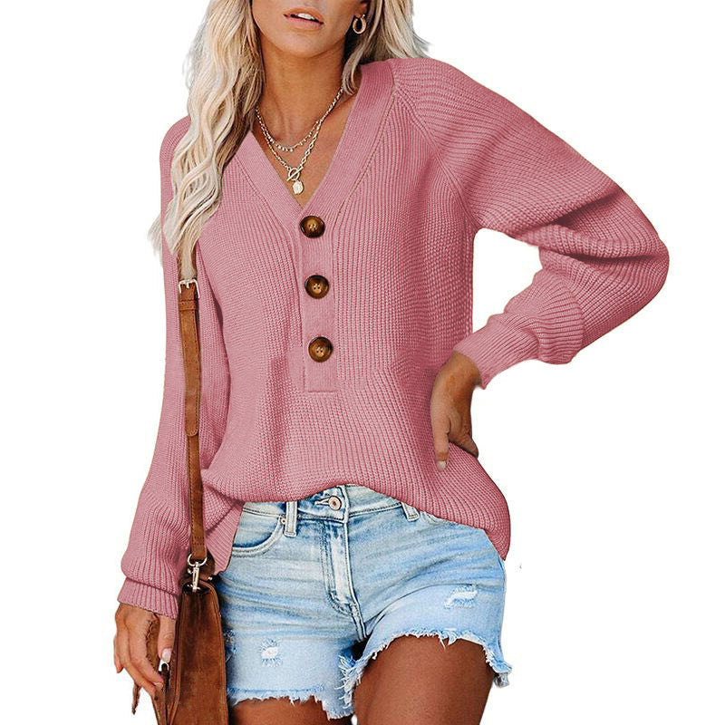 Temperament Long Sleeve Buttoned V-Neck Pullover Knit Sweater Wholesale Womens Tops