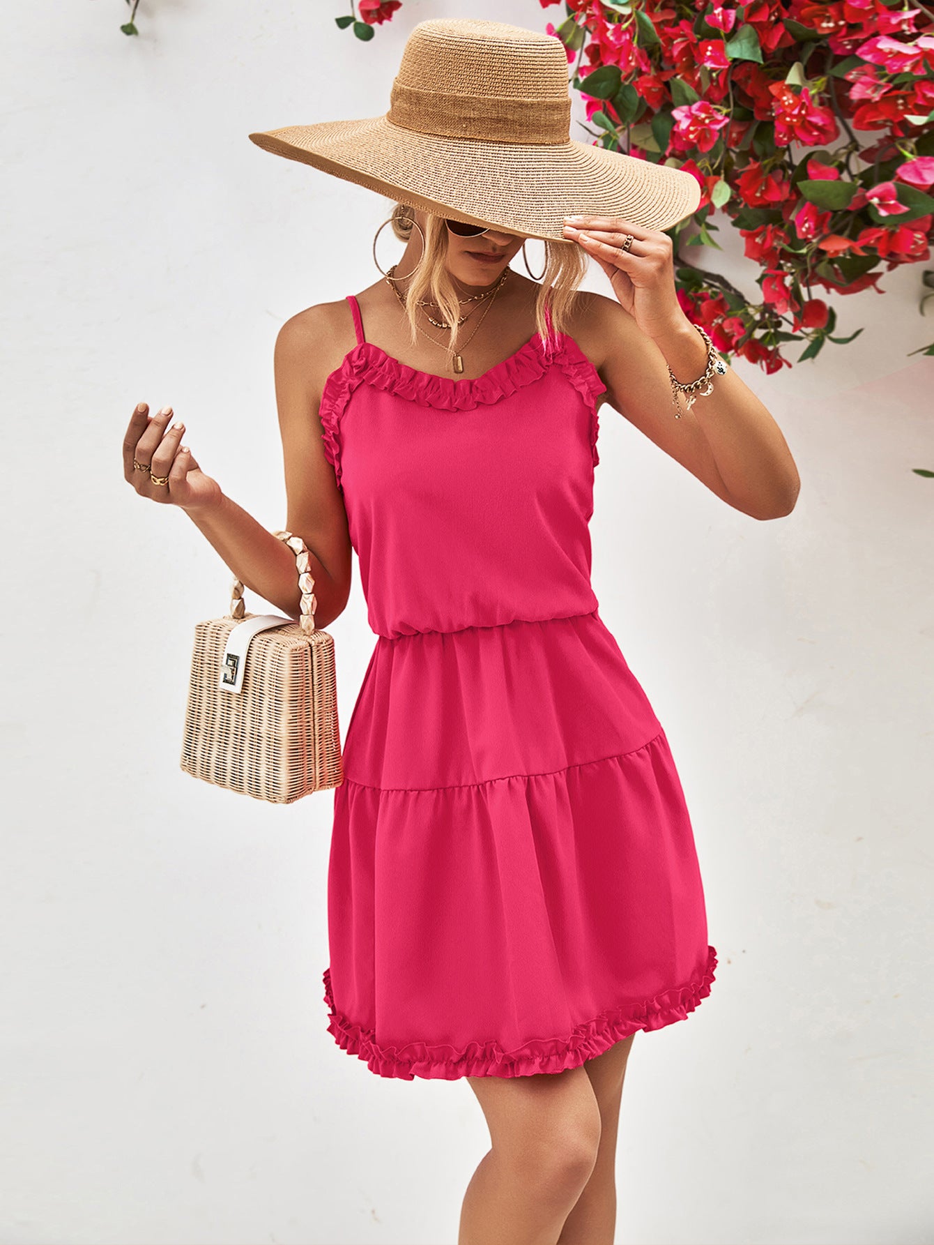 Simple Suspender Ruffle Solid Color Slim Dress Wholesale Dresses