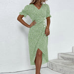 Puff Sleeves Irregular Hem Dress V-Neck Casual Printed Midi Dress Wholesale Womens Clothing N3824052000005