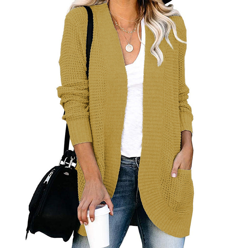 Loose Solid Colour Long Sleeve Mid-Length Knitted Cardigan Wholesale Womens Clothing