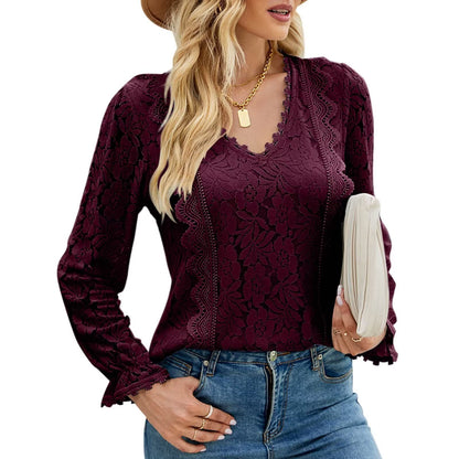 Slim Fit Solid Color Hollow Long Sleeve Lace Top Wholesale Women'S Top