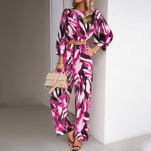 Stylish Geometric Print Long Sleeve Top And Pants Casual Set Wholesale Women'S 2 Piece Sets