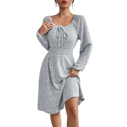 Square Neck Waist Ribbed Long Sleeve Dresses Wholesale Womens Clothing N3824072000221