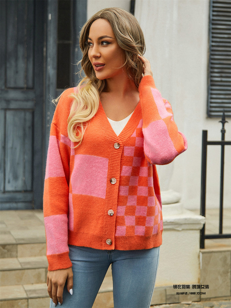 Casual Checkerboard Patchwork Knit Cardigan Jacket Wholesale Womens Clothing