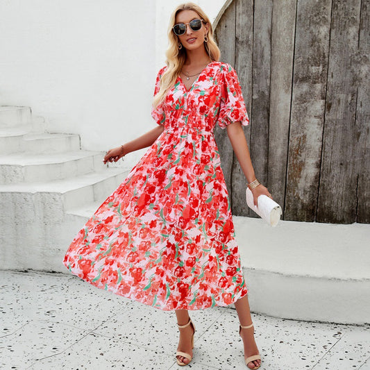 Vacation Printed Waist V-Neck Maxi Dresses Wholesale Womens Clothing N3824022600046