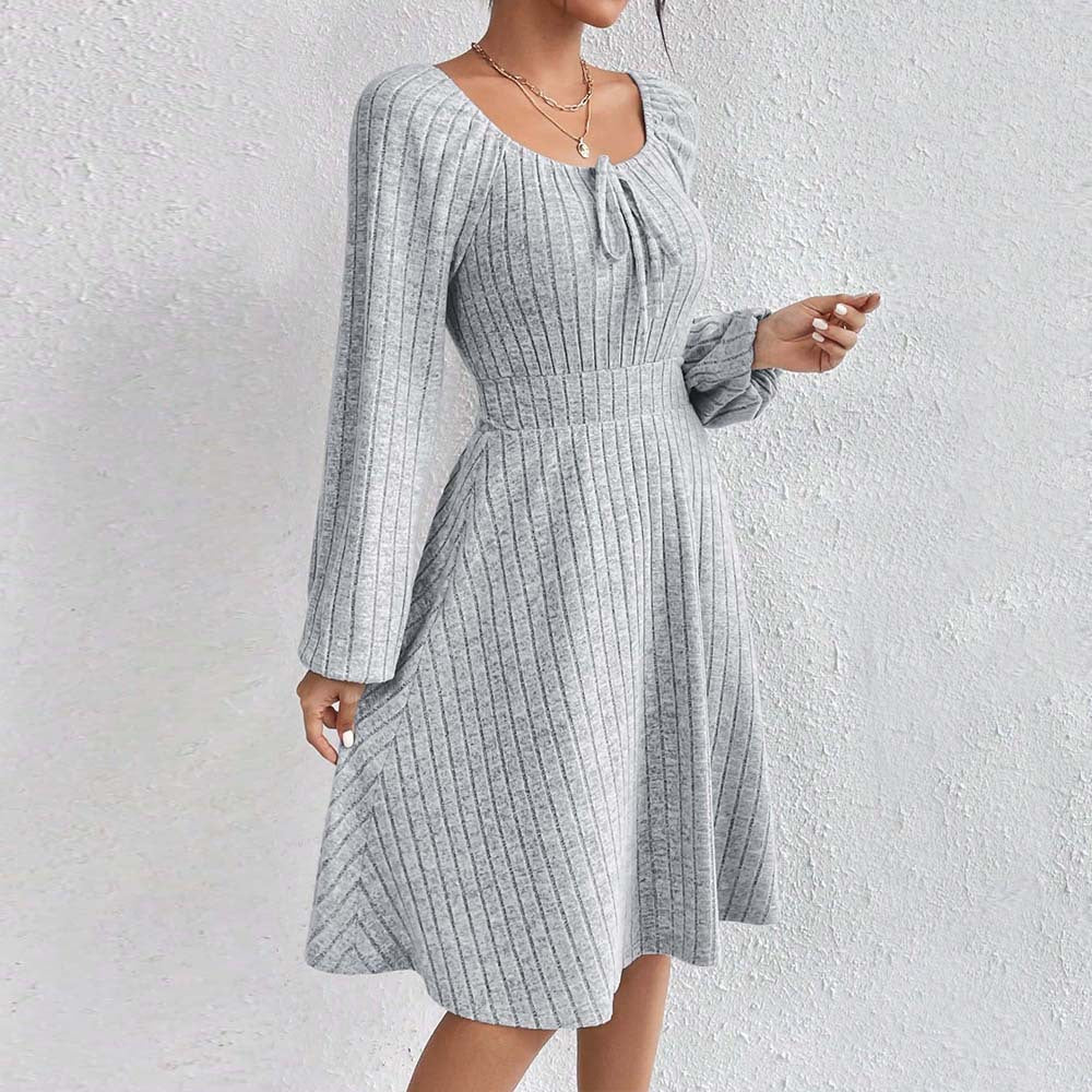 Square Neck Waist Ribbed Long Sleeve Dresses Wholesale Womens Clothing N3824072000221