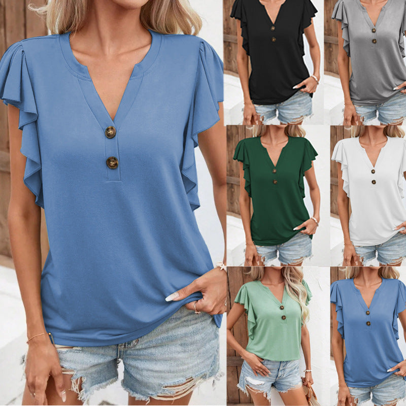 Elegant Ruffle Sleeves Solid Color Short Sleeve Tops Wholesale Womens Clothing N3824040700333