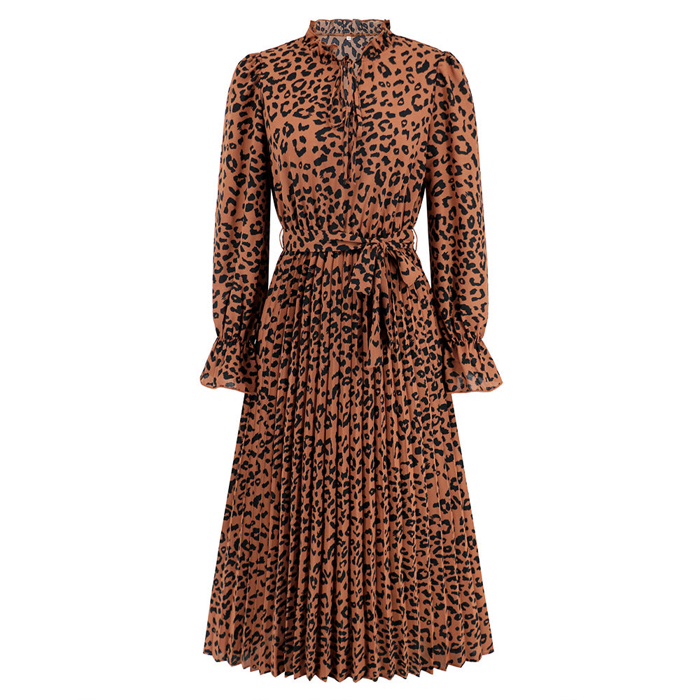 Slim Leopard Print Stand Collar Tie Pleated Midi Dress Wholesale Womens Clothing N3824062100022