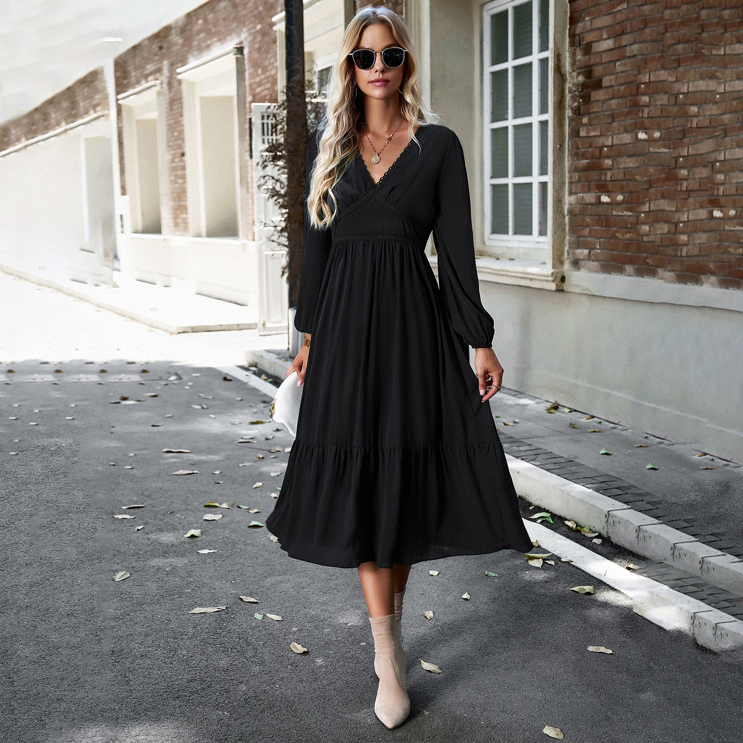 Elegant Solid Color V-Neck Bubble Sleeve Long Dress Wholesale Dresses