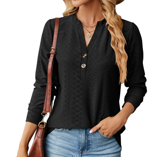 V-Neck Solid Button Loose Long Sleeve T-Shirt Top Wholesale Womens Clothing N3823112800041