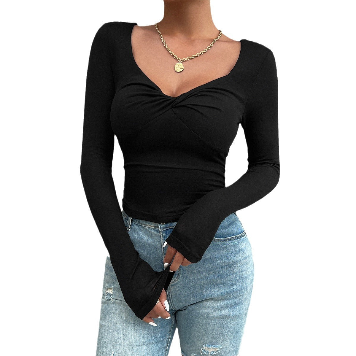 Long-Sleeved Women's Temperament Slim V-Neck Tops Wholesale Womens Clothing N3824070500007