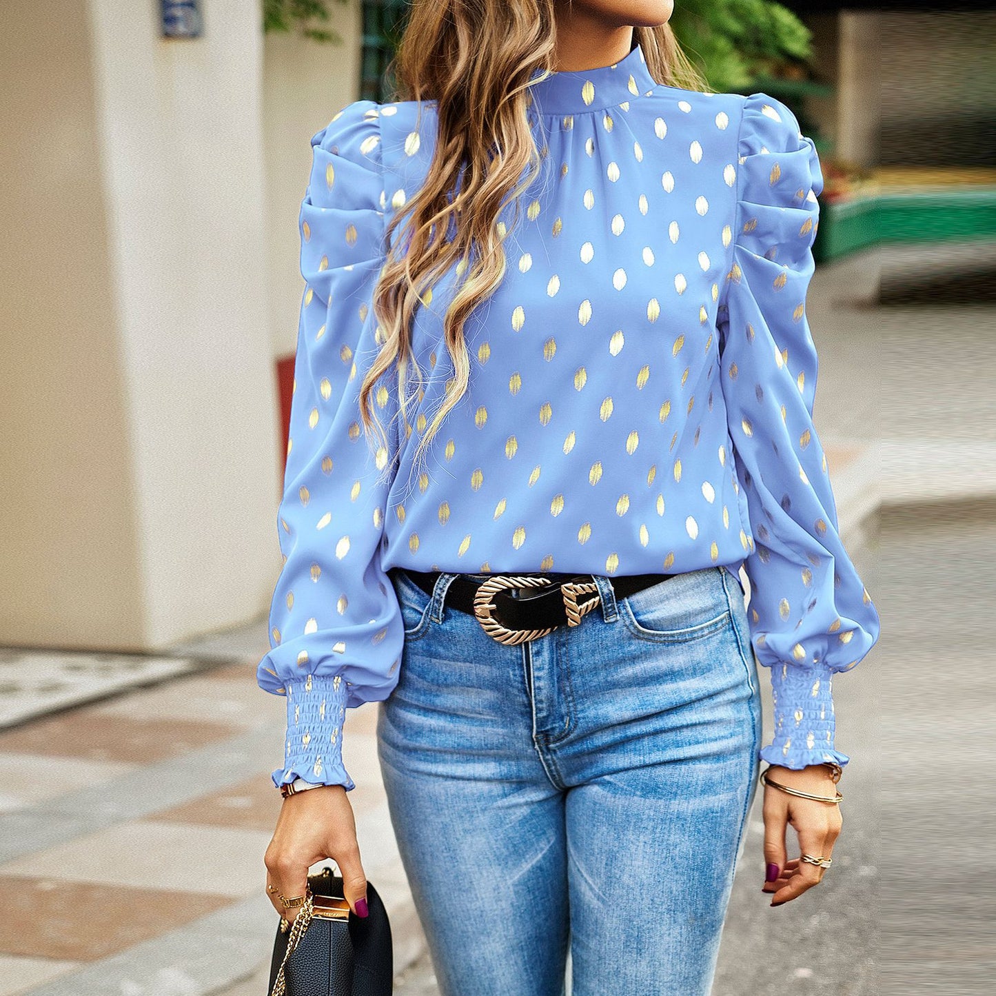 Polka Dot Commuter Round Neck Long Sleeve Shirt Wholesale Women'S Top