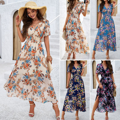 Women's Elegant Floral Waist Short Sleeve Maxi Dresses Wholesale Womens Clothing N3823122900112