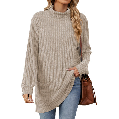 Solid Color Half High Neck Long Sleeve Loose Pocket Sweater Wholesale Womens Clothing N3824072900061