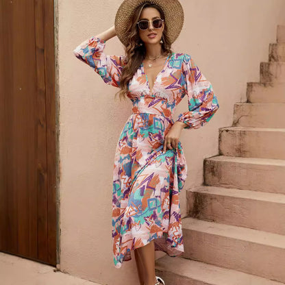 Irregular Geometric Print Deep V Waist Lantern Long Sleeve Swing Dresses Wholesale Womens Clothing N3824091000088