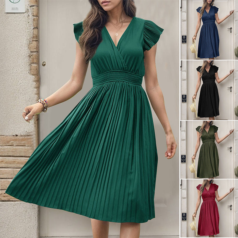 Pleated Short Sleeve Solid Color Dresses Wholesale Womens Clothing N3824050700023