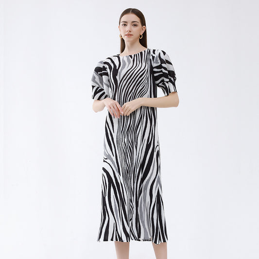 Fresh Zebra Print Pleated Loose Lantern Sleeve Dress Wholesale Dresses N5923082300007