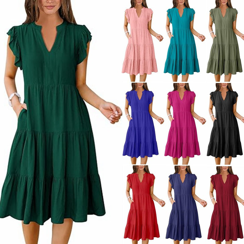 V-Neck Lotus Leaf Sleeve Patchwork Large Swing Pocket Midi Dresses Wholesale Womens Clothing N3824070900014