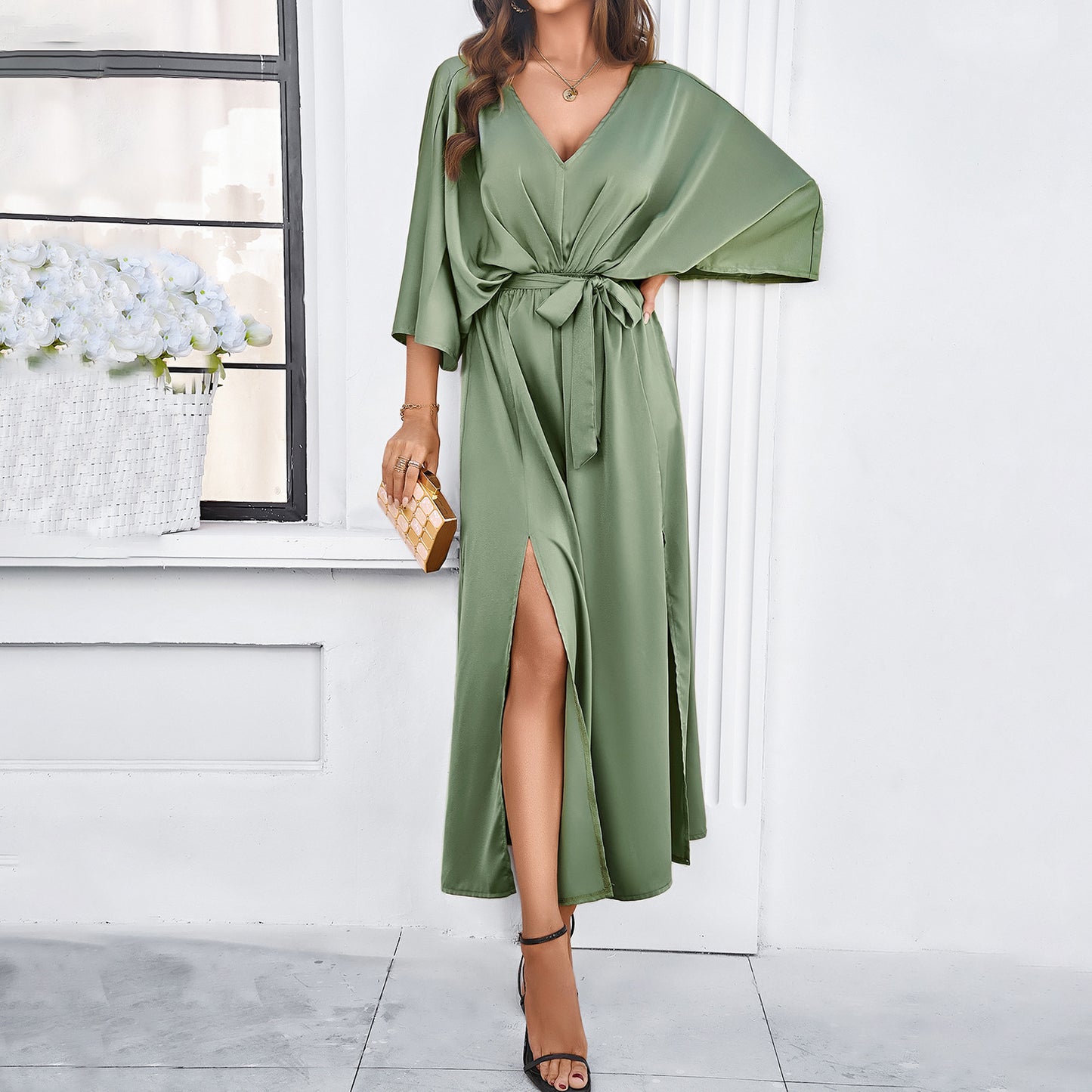 Elegant V-neck Slit Loose Maxi Dresses Wholesale Womens Clothing N3824040100113