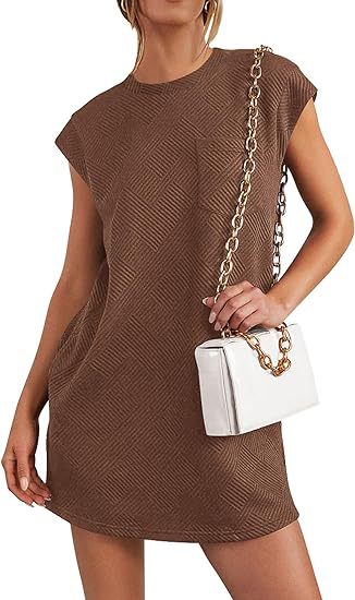 Jacquard Crew Neck Pocket Short Sleeve Loose Dresses Wholesale Womens Clothing N3824052000074