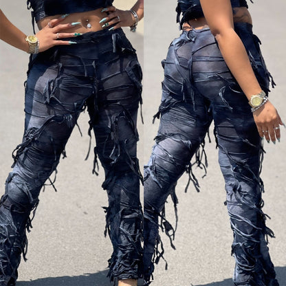 Fashion Tie-Dye Tassel High Waist Slim Fit Pants Wholesale Womens Clothing N3824083000017