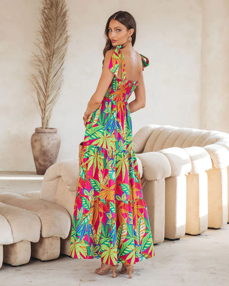 Casual Leaf Print Bralette Sleeveless Suspender Long Dress Wholesale Dresses