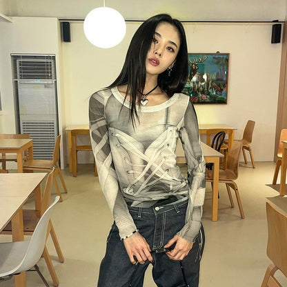 Sexy Round Neck Long-Sleeved Slightly Transparent Mesh Collision Color Printing Top Wholesale Womens Tops