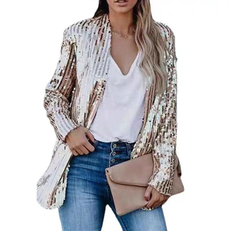 Casual Cardigan Lapel Long Sleeve Sequin Blazer Wholesale Womens Clothing