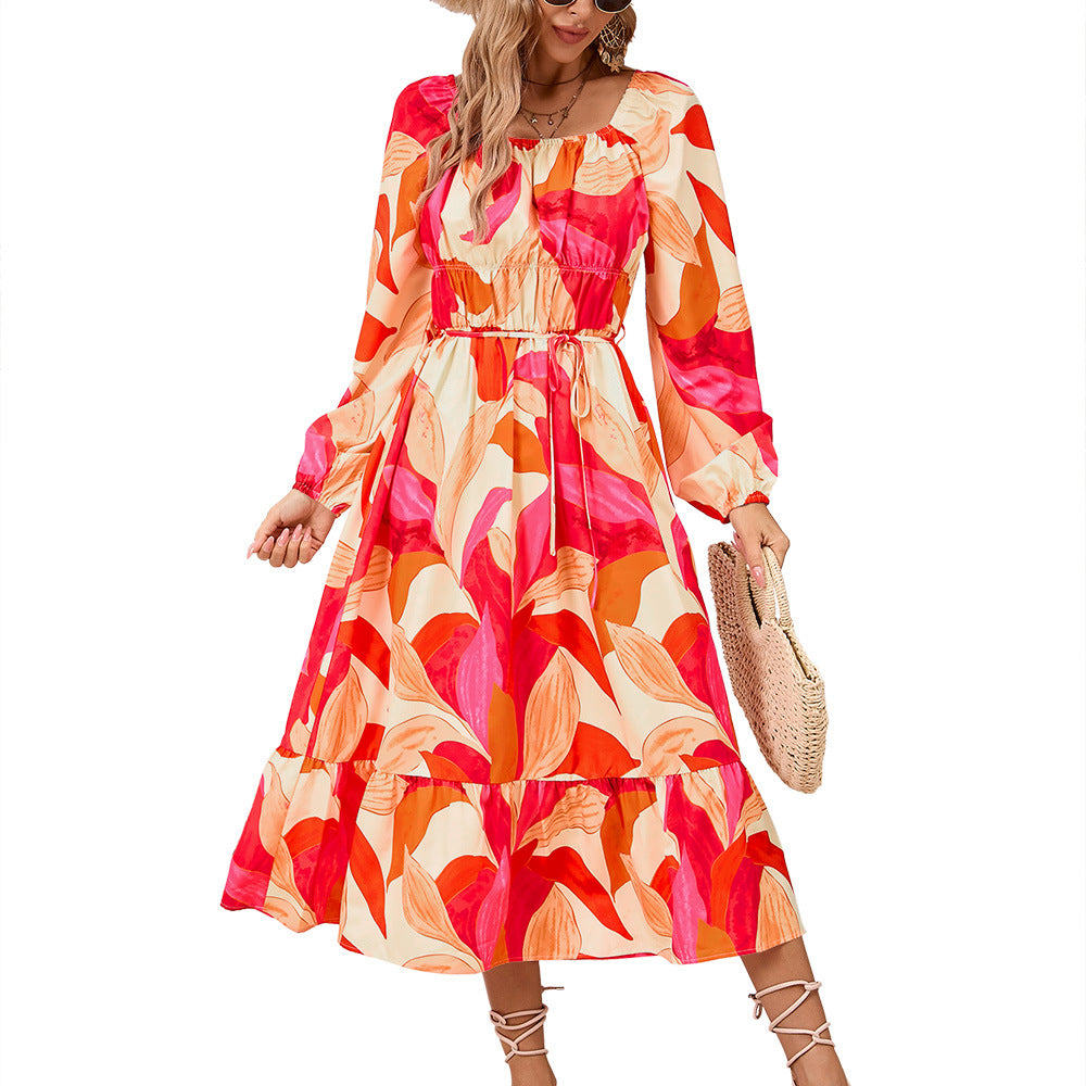 Long Sleeve Printed Fitted Midi Dresses Wholesale Womens Clothing N3824070500014